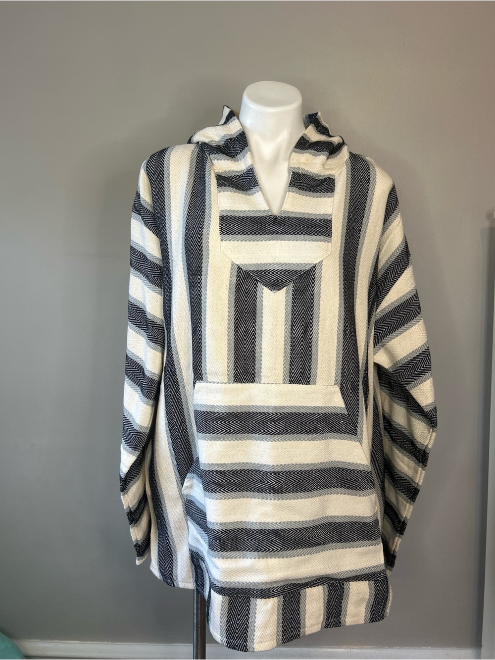 Striped Hooded Baja Pullover Sweater - White, Black, & Gray